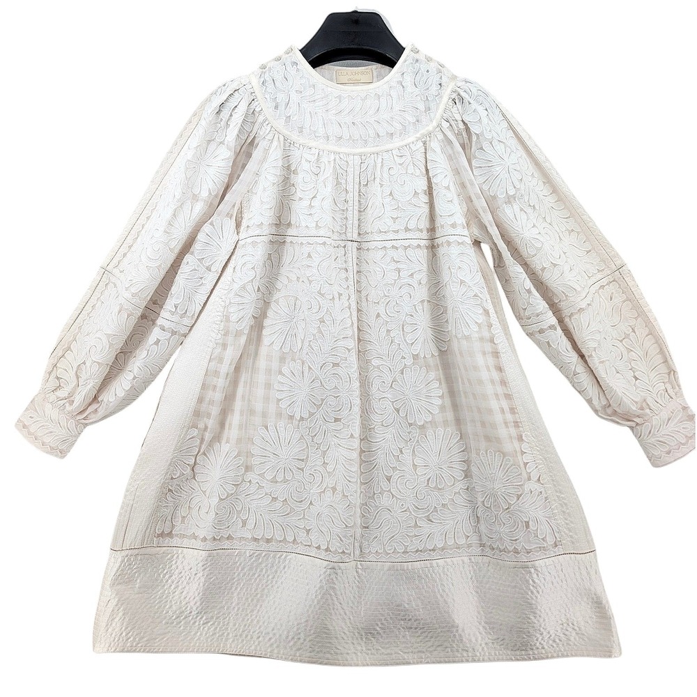 Ulla Johnson Bianca Hand Embroidered Dress Size 0 Ivory Cotton Silk Boho Luxe
